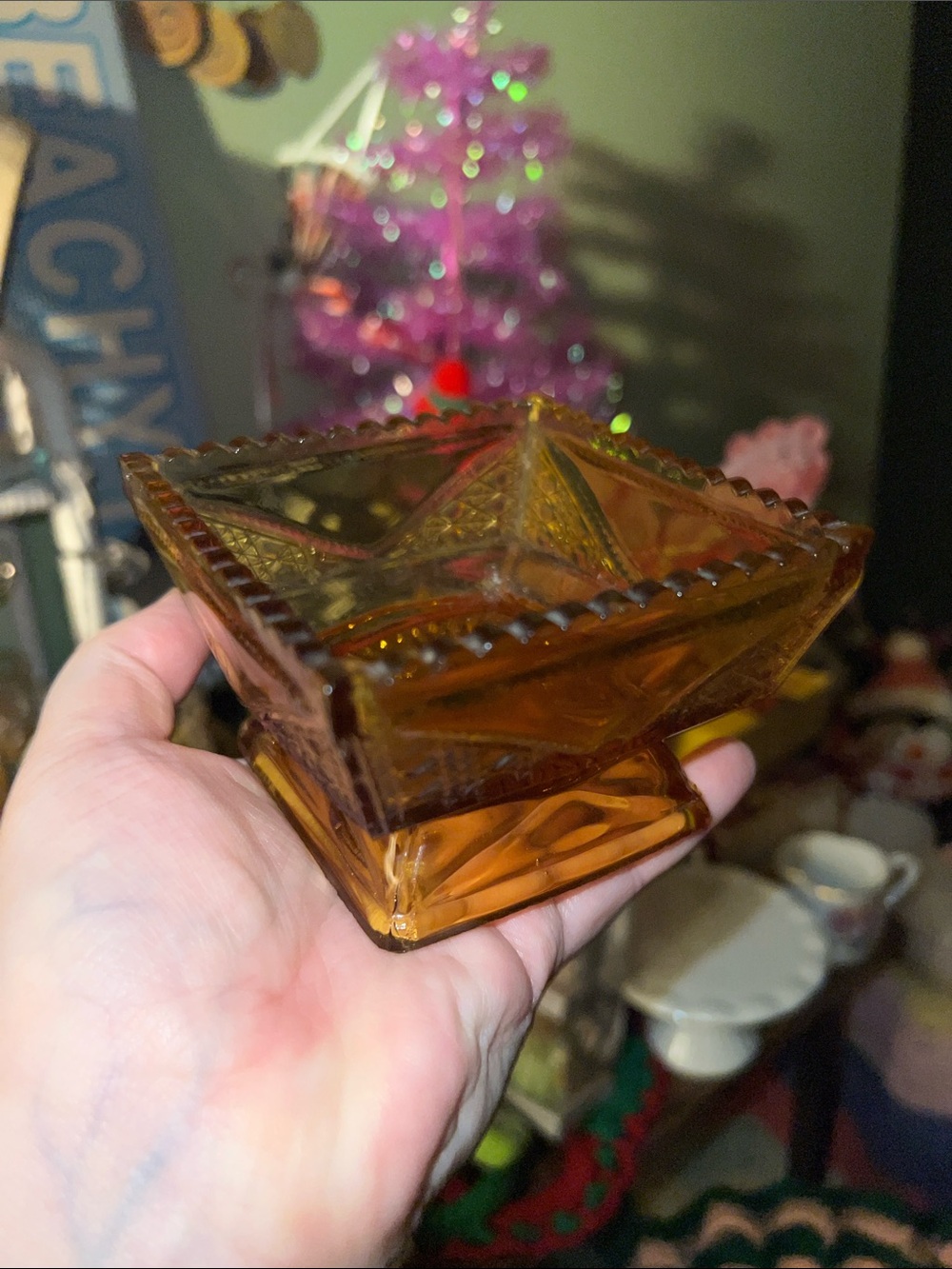 VTG Amber Carnival Glass Nut Candy Bowl Rippled Rim Detailed Design Square - Picture 3 of 10